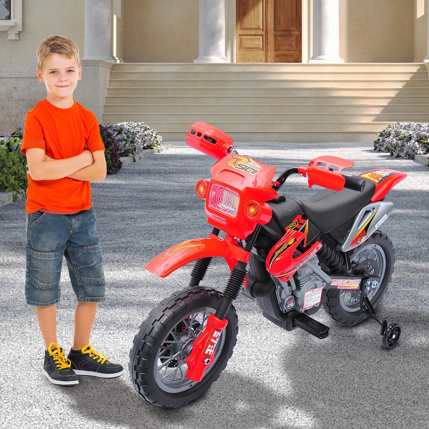 Aosom 6V Kids Electric Ride-On Motorcycle with Training Wheels Battery-Powered Dirt Bike Red 
