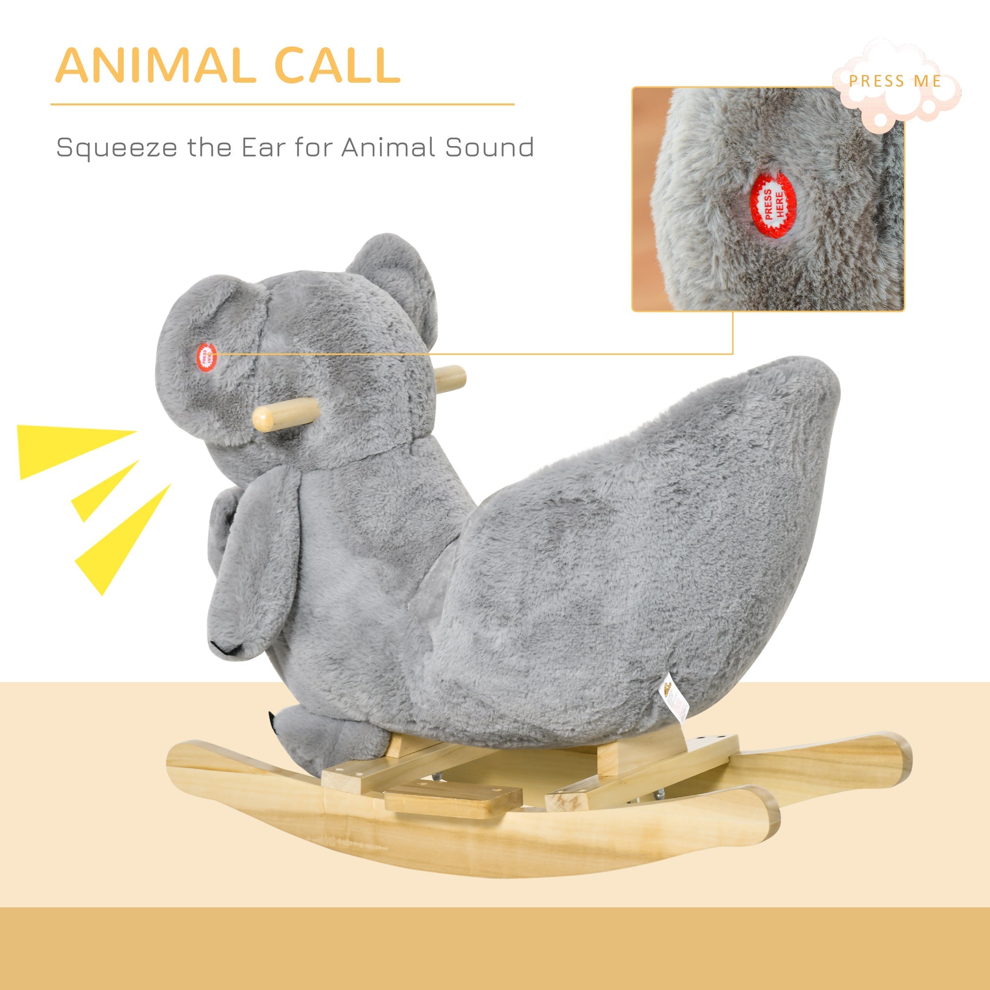 Qaba Koala Rocking Horse for Kids - Plush Ride-On Toy with Gloved Doll & Sounds, Ideal for 18-36 Months, Grey 