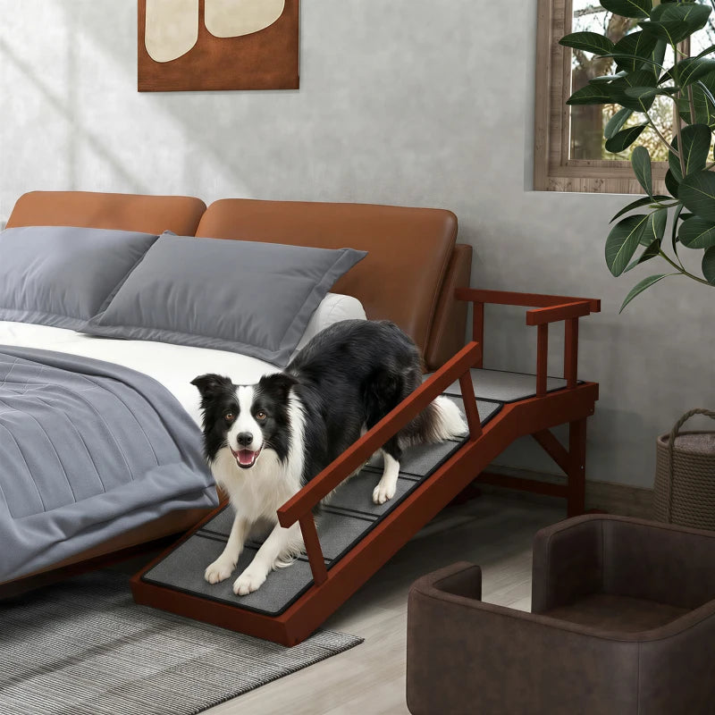 Wooden Dog Ramp for Large Dogs, 49" Long, with Non-slip Rug, Removable Guardrails for Couch, Bed, Brown