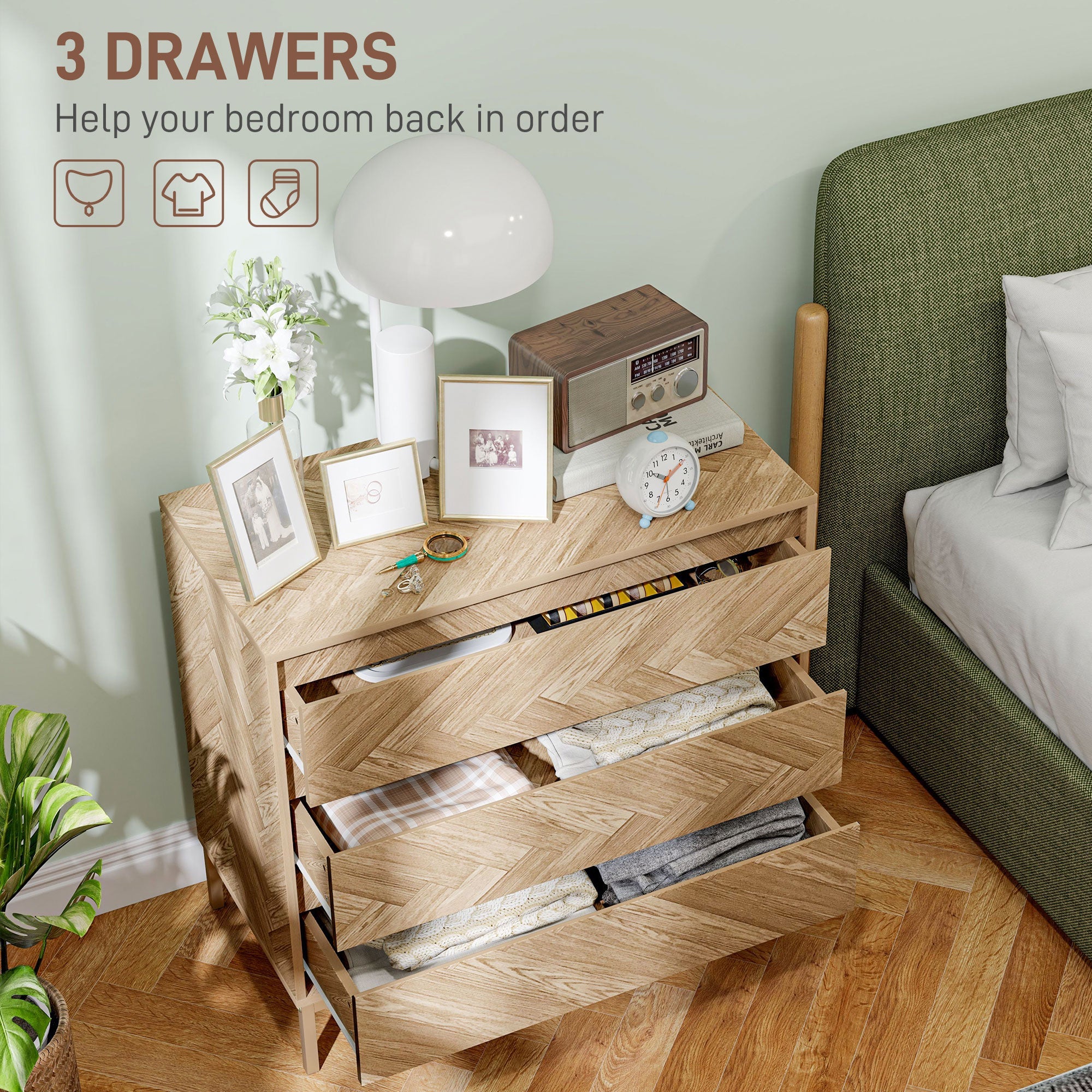 HOMCOM Bedroom Chest of Drawers with Anti-tipping Design, Storage Cabinet with 3 Drawers for Living Room, Hallway, Nature Wood 