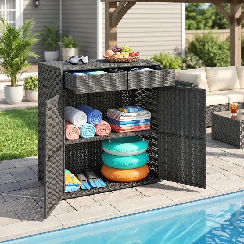 Wicker Outdoor Storage Cabinet with 2 Doors and Drawers, 2-Tier Shelf Rattan Patio Storage Cabinet, Dark Grey