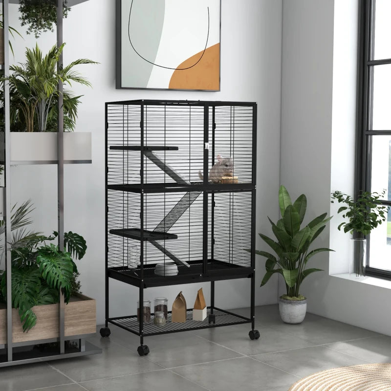 Rolling Small Animal Cage 54"H Chinchilla Cage for Ferrets, Squirrels w/ Removable Tray, Storage Shelf, Black