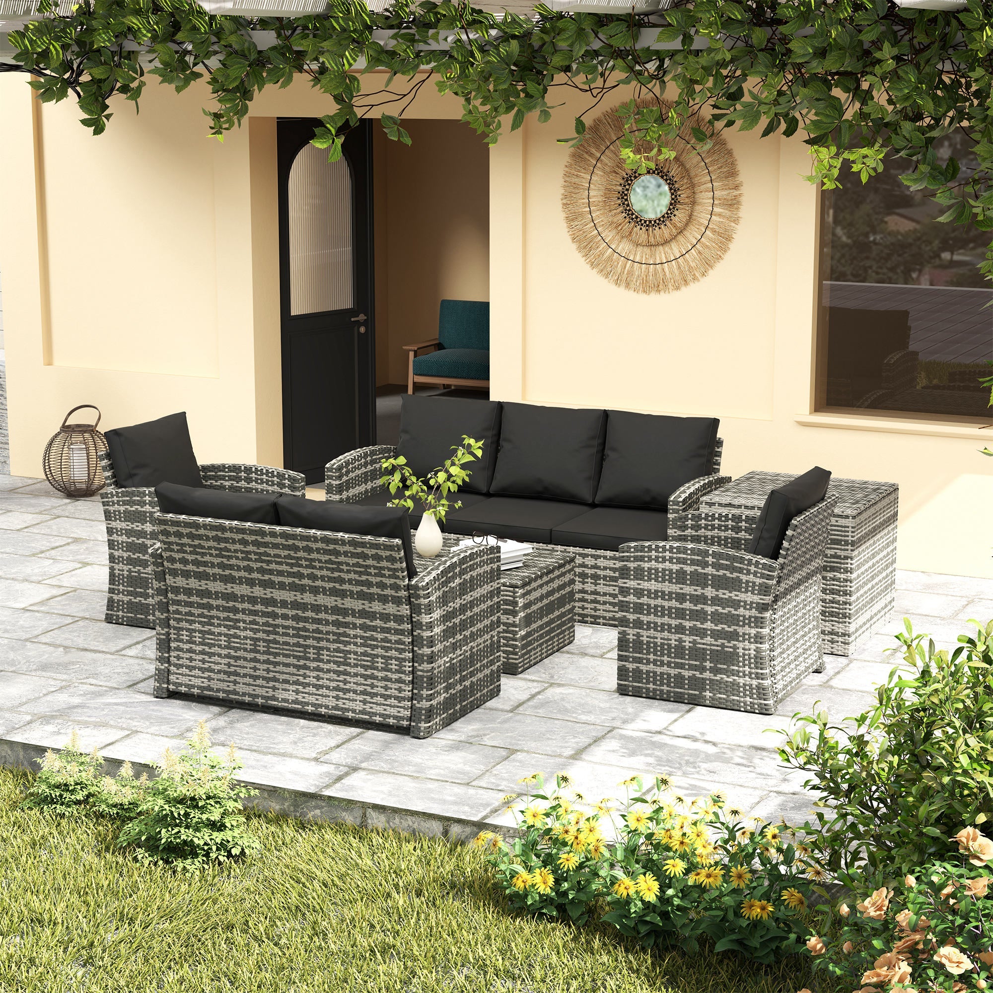 Outsunny 6 Piece Patio Furniture Set, Rattan Wicker Patio Sofa Set Sectional Outdoor Conversation Sofa Set Storage Table & Cushions, Black 