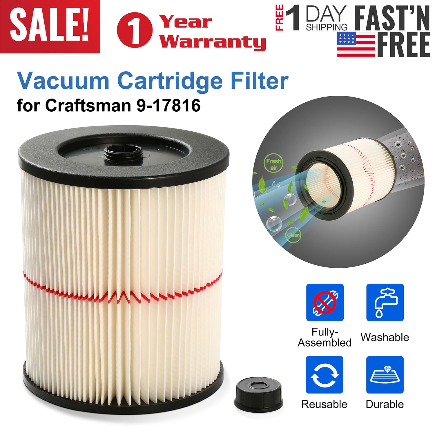 Vacuum Cartridge Filter Replacement Fits for Craftsman 9-17816