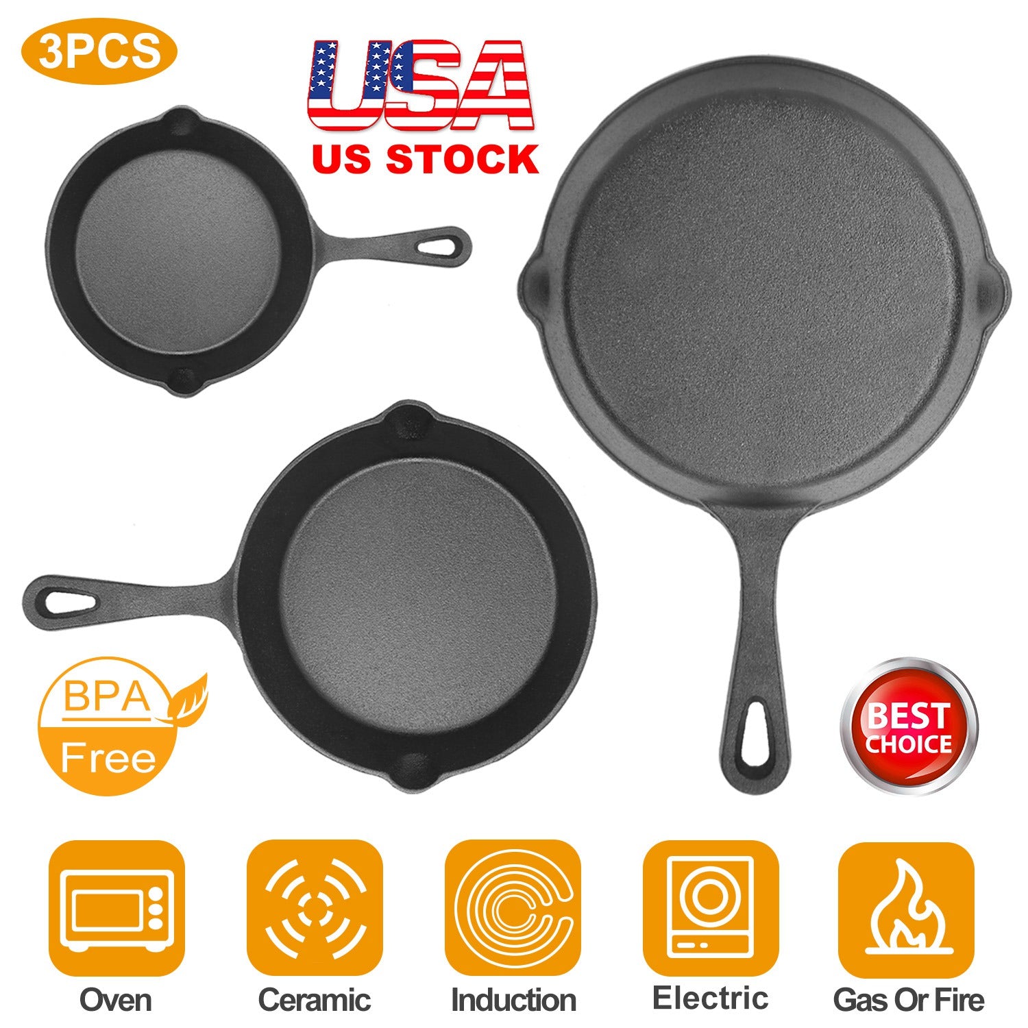 3Pcs Pre-Seasoned Cast Iron Skillet Set 6/8/10in Non-Stick Oven Safe Cookware Heat-Resistant Frying Pan 