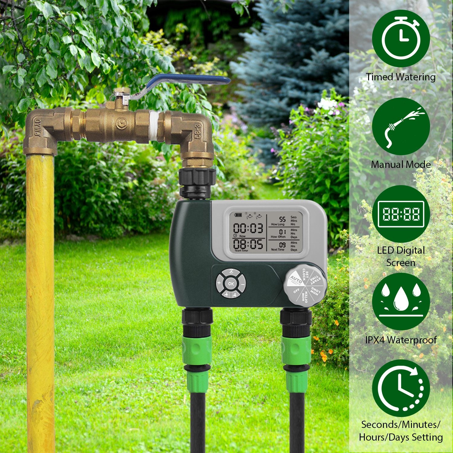 Sprinkler Timer with 2 Outlet Zones Digital Programmable Hose Faucet Timer Manual Automatic Watering Intelligent Drip Irrigation System for Garden Yar