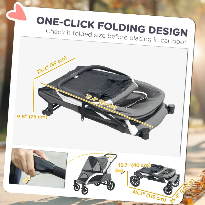 Foldable Pet Stroller for Large Dogs with Four Big Wheels, Shock-Absorbing Frame, Safety Leashes, Brakes, Dark Grey