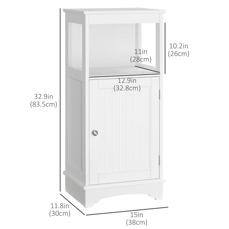 Modern Bathroom Floor Cabinet with Open Shelf, Freestanding Storage Organizer Unit with Single Door for Home Office, Living Room, White