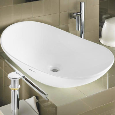 Modern Oval Ceramic Vessel Bathroom Sink | 23.3x14.2 Inch White Basin with Chrome Faucet | Contemporary Design for Home Decor | Smooth, Glossy Finish | Ideal for Stylish Bathrooms, Bathroom Decor And Accessories 