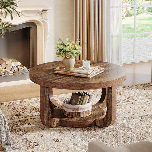 31.5" Round Coffee Table with 2-Tier Storage, Modern Farmhouse Circle Center Table with Thick Wood Top & Rustic Brown Finish