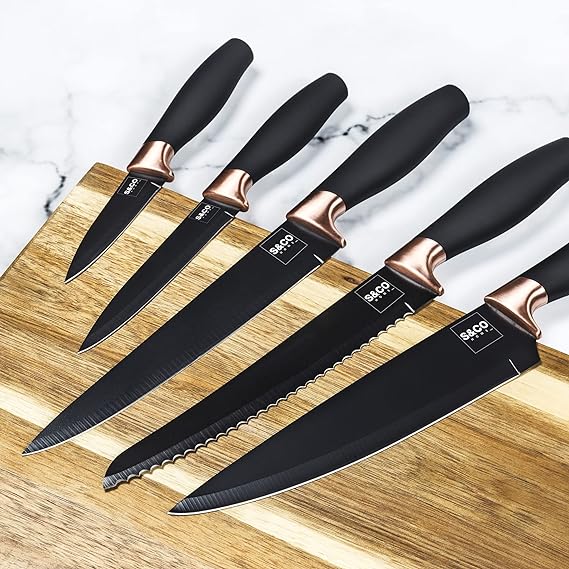 6 Pcs Kitchen Knife Set with Acrylic Block - Super-Sharp Steel Knives with Non-Stick Coating - Chef, Bread, Carving, Utility, Paring Knives - Stylish Cooking Tools with Black, Rose Gold Handle 