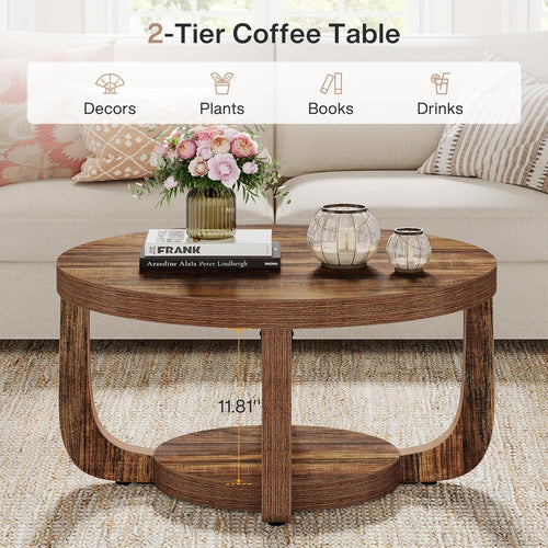 31.5" Round Coffee Table with 2-Tier Storage, Modern Farmhouse Circle Center Table with Thick Wood Top & Rustic Brown Finish