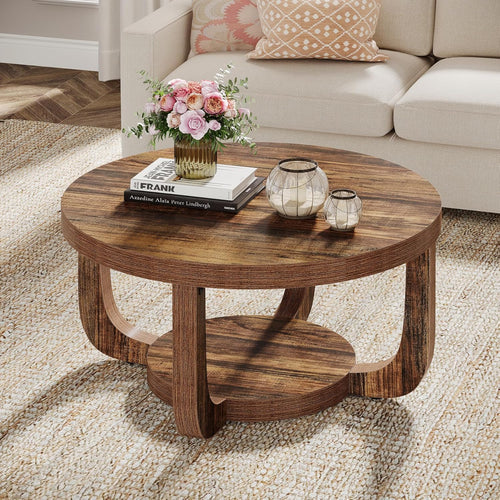 31.5" Round Coffee Table with 2-Tier Storage, Modern Farmhouse Circle Center Table with Thick Wood Top & Rustic Brown Finish
