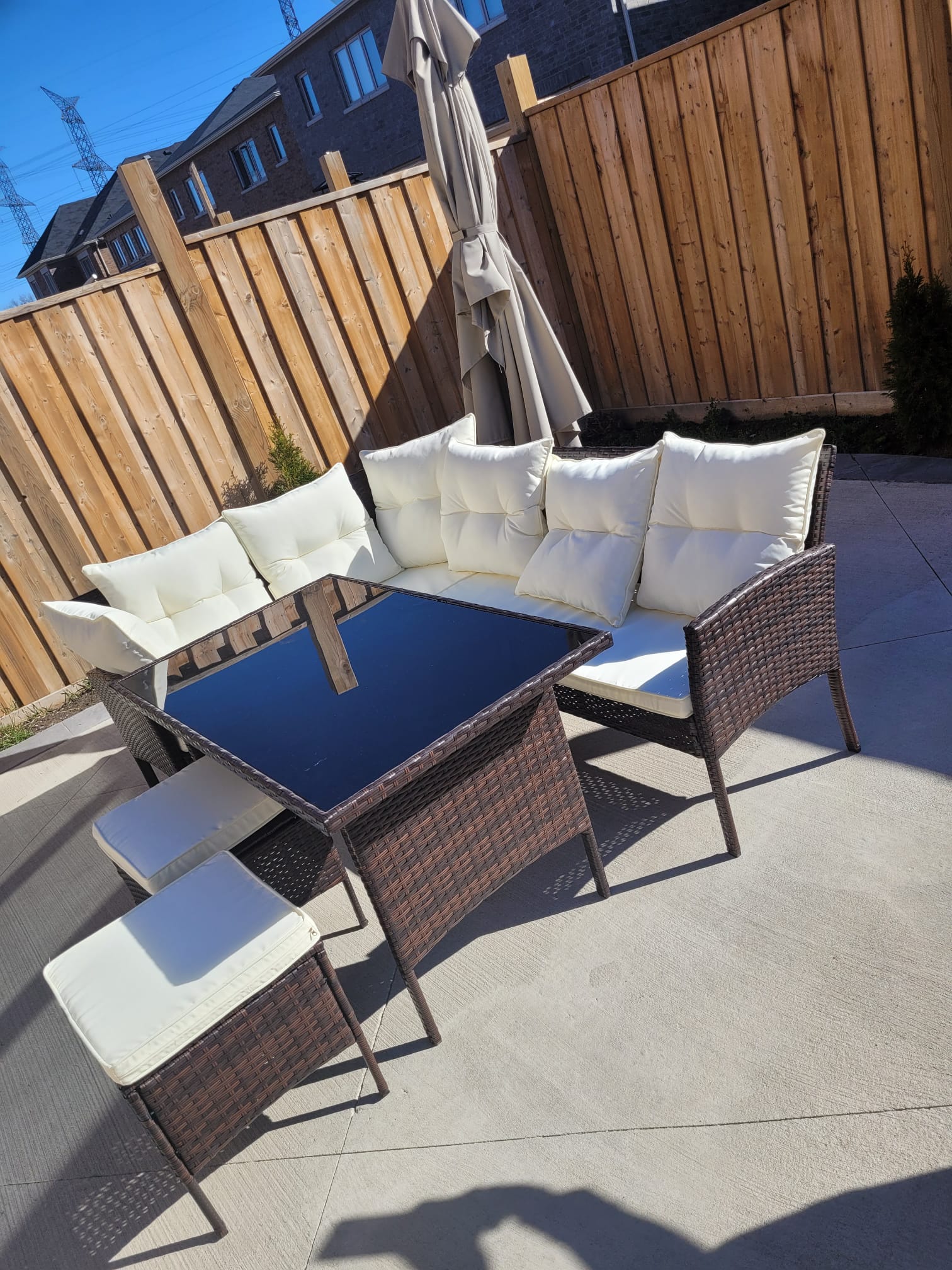 Garden Outdoor 7 pc Lounger Set Dark Brown Wicker with Beige Cushion 