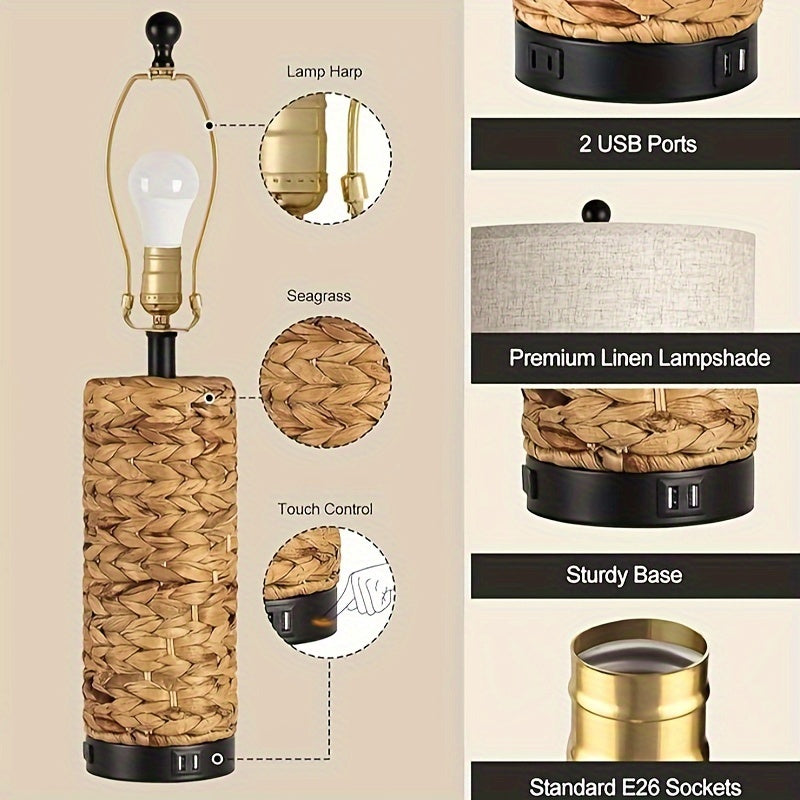 Set of 2 Rustic Touch Table Lamps for Bedroom 3 Way Dimmable Modern Farmhouse Nightstand Lamps for Living Room Coastal Sea Grass Bedside Lamps with 2 USB Ports and 1 AC Outlet, 2700K LED Bulbs Included 