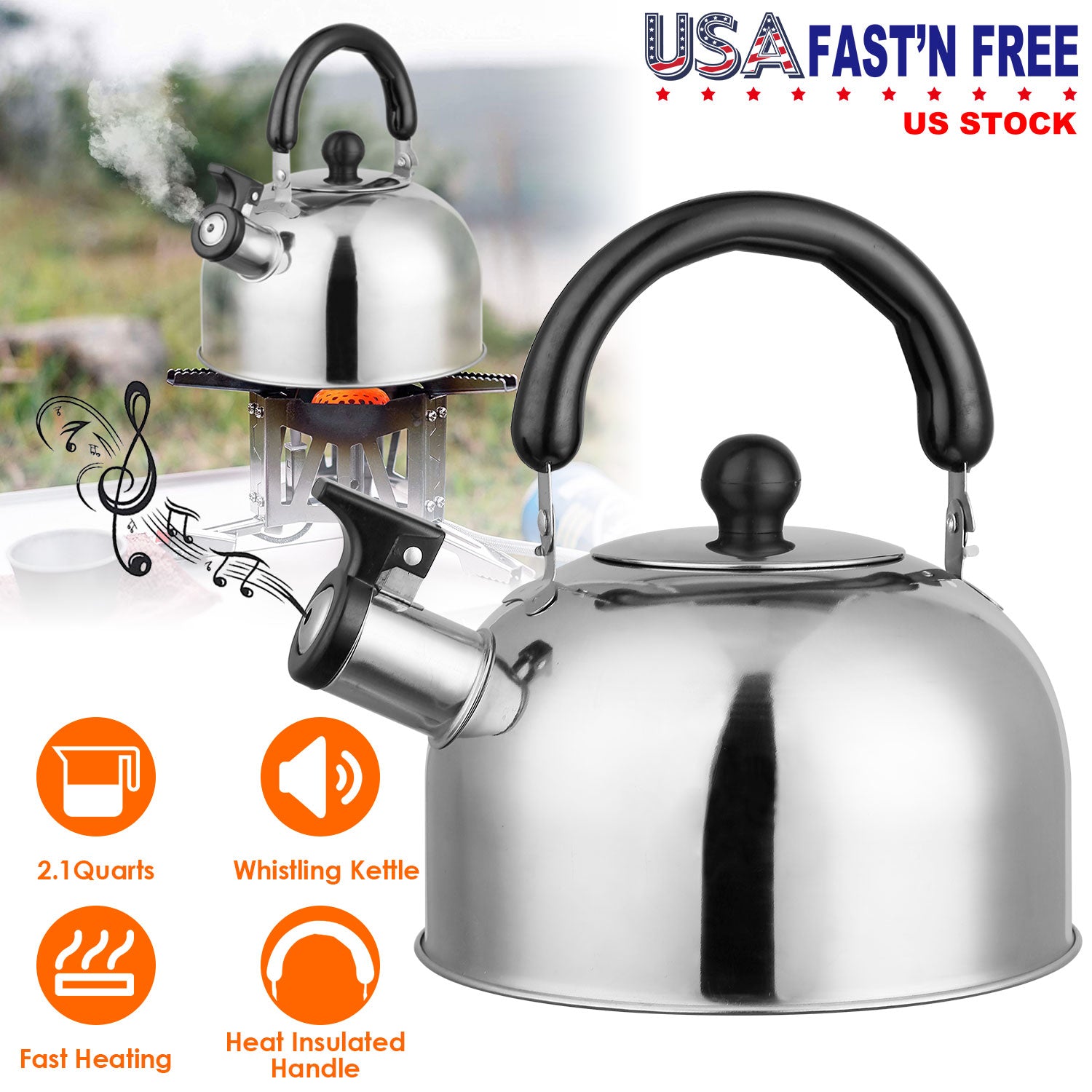 2.1Quarts Stainless Steel Whistling Tea Kettle Stovetop Induction Gas Teapot with Insulated Handle Camping Kitchen Office