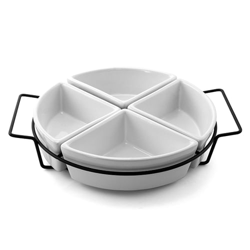 Gibson Gracious Fine Ceramic Dining Four Section Tray Set with Metal Rack in White - Free Shipping