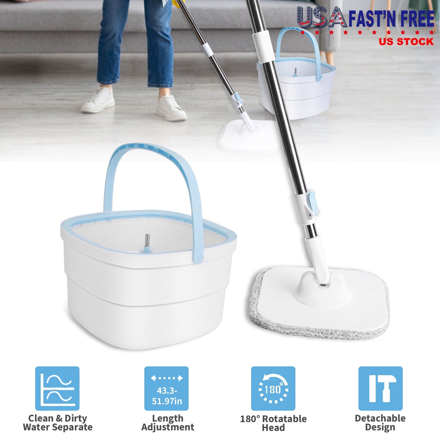 Spin Mop and Bucket with Wringer Set Flat Floor Mop with Clean and Dirty Water Separate System 2 Replaceable Reusable Washable Microfiber Mop Pads