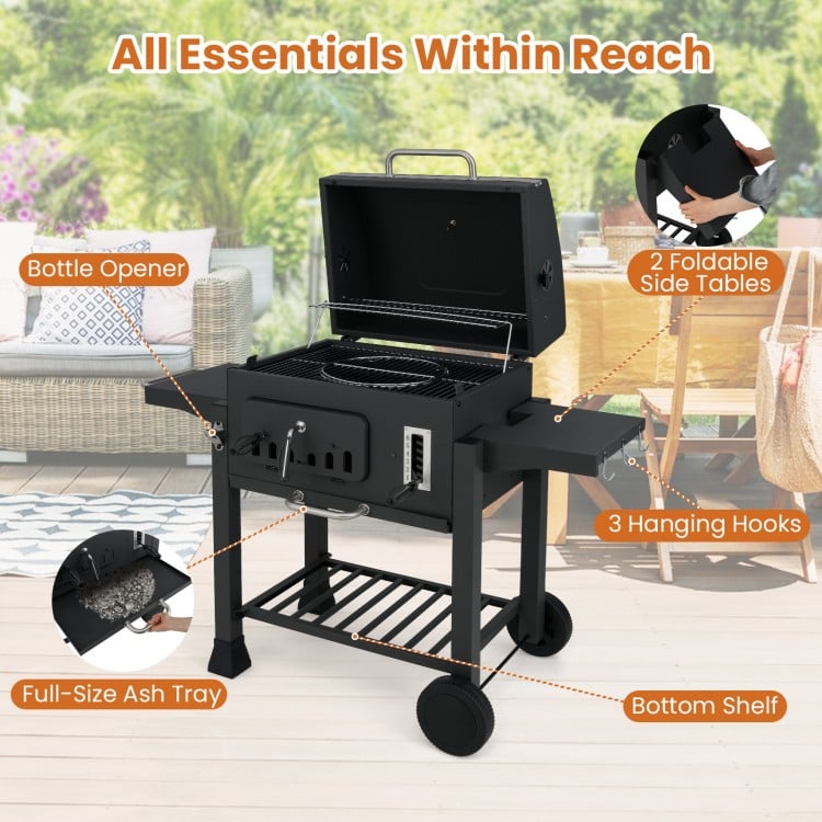 24-Inch Barrel Charcoal Grill with 2 Folding Side Tables and 544 sq.in Cooking Area