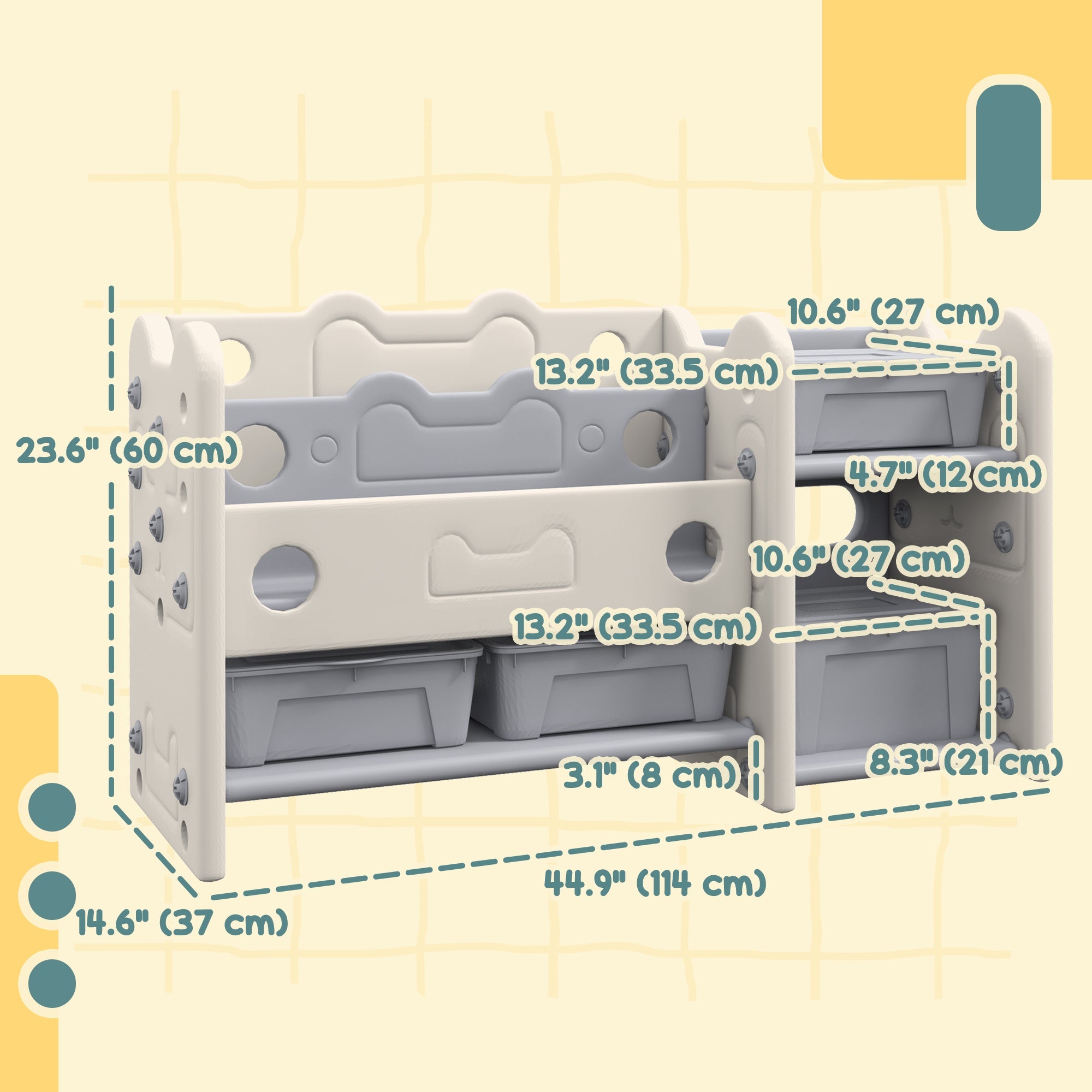 Qaba Toy Storage Organizer with 4 Storage Boxes, Bookshelves, for Nursery, Kids Room, Playroom, Cream White 