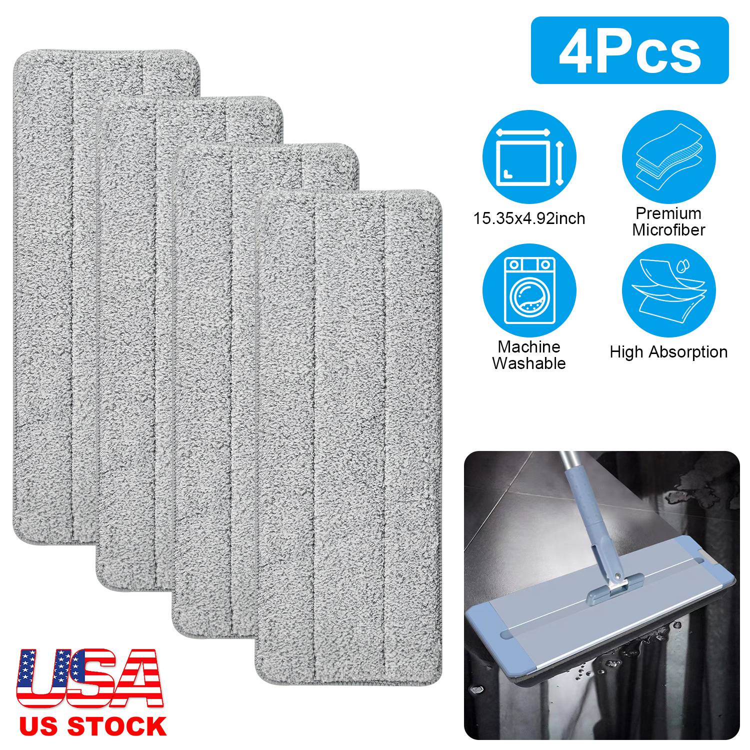 4Pcs Microfiber Mop Pads Reusable Machine Washable Cloth Mop Flat Replacements Head 15.35x4.92in for Wet Dry Floor Cleaning