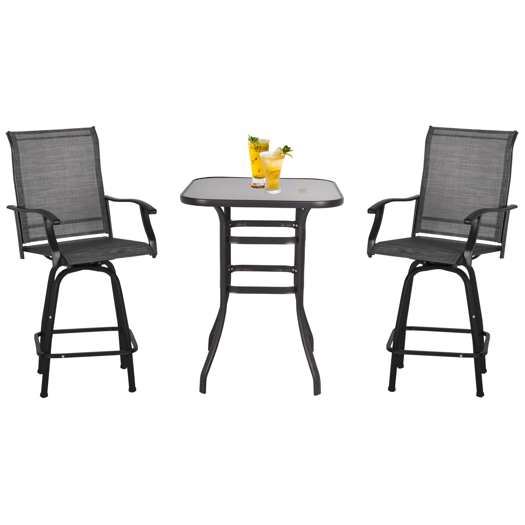 Outsunny 3 Piece Outdoor Patio Bar Set  2 Swivel Stool and 1 Bistro Table  All-Weather  Metal Frame for Balcony  Backyard  Deck  Grey 