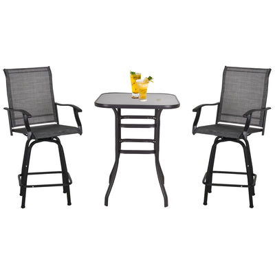 Outsunny 3 Piece Outdoor Patio Bar Set  2 Swivel Stool and 1 Bistro Table  All-Weather  Metal Frame for Balcony  Backyard  Deck  Grey 