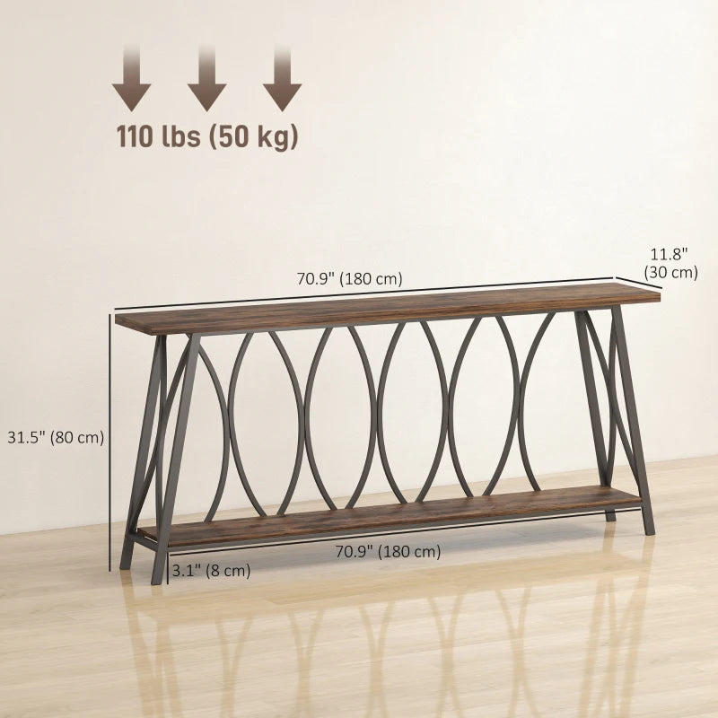 71" Console Table, Industrial 2-Tier Narrow Entryway Table with Metal Frame for Living Room, Hallway, Rustic Brown