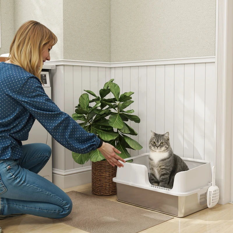 Stainless Steel Cat Litter Box with Lid with Scoop, High Sided, Non-Stick, & Anti-Urine Leakage, Easy Cleaning