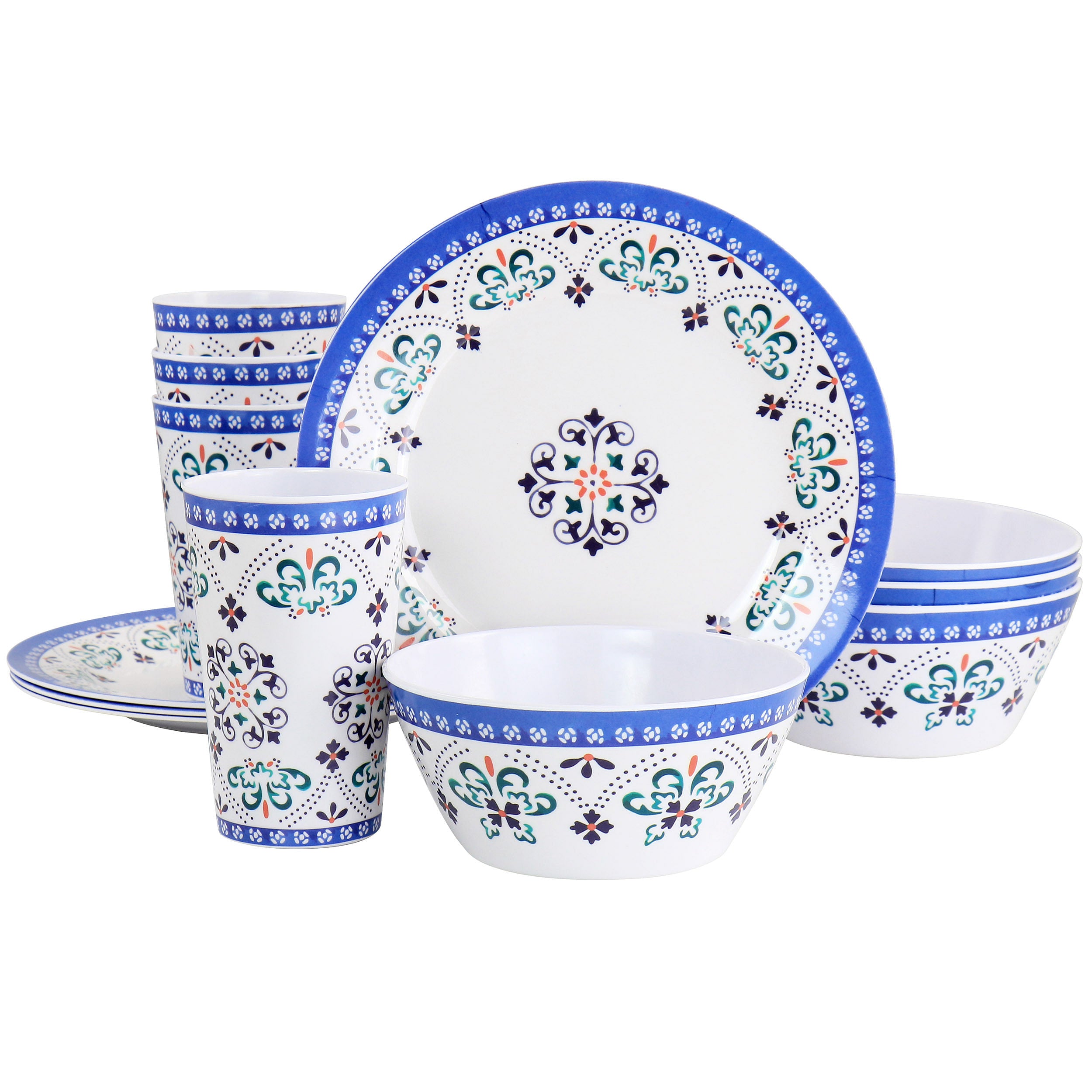 Gibson Everyday Alhambra Blues 12 Piece Melamine Dinnerware Set in Blue and White - Free Shipping