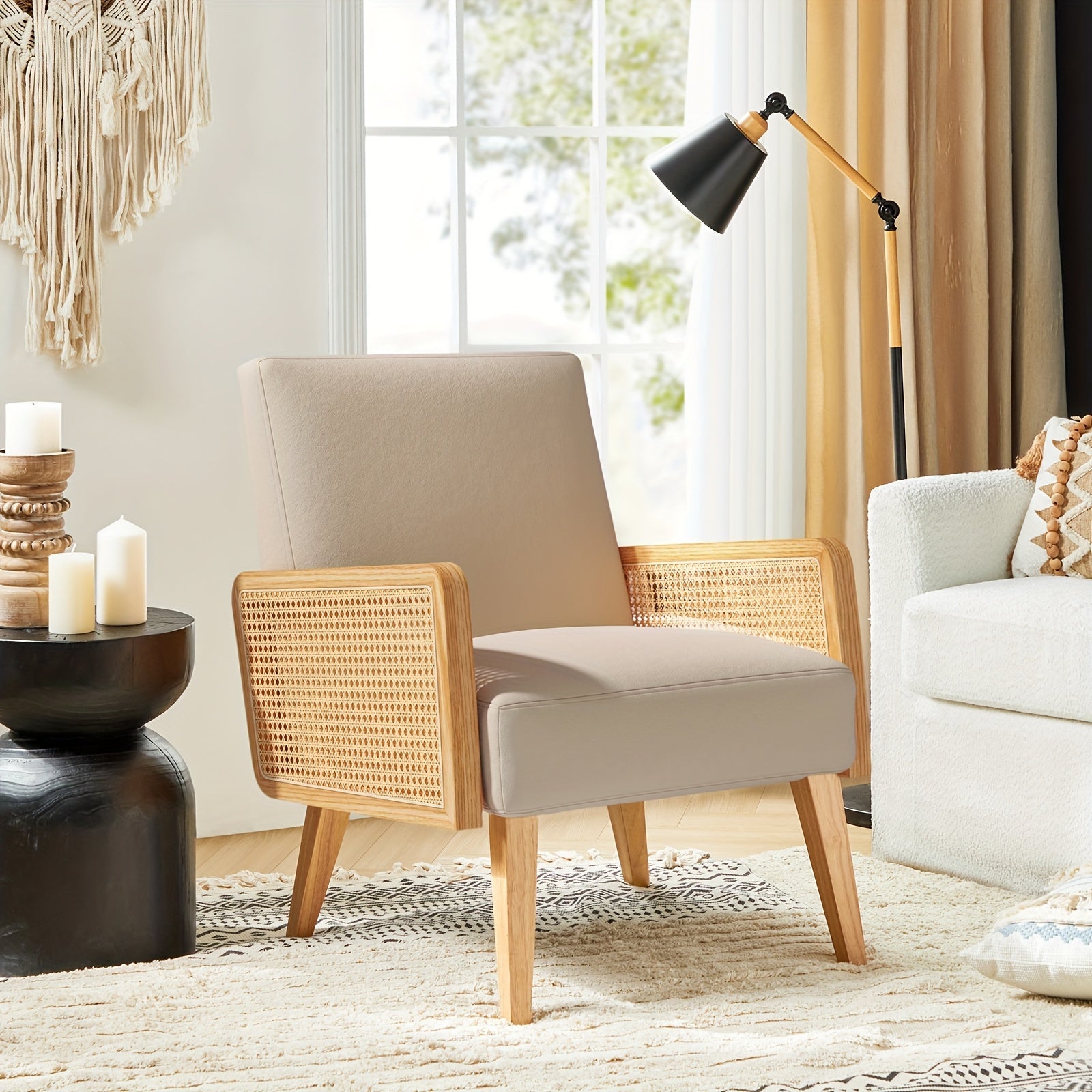 Beige Mid-Century Modern Accent Chair with Rattan Armrests & Wood Legs – Ergonomic Upholstered Lounge Chair for Living Room, Bedroom, or Hosting Spaces, Lightweight & Comfortable Design, Chair Furniture 