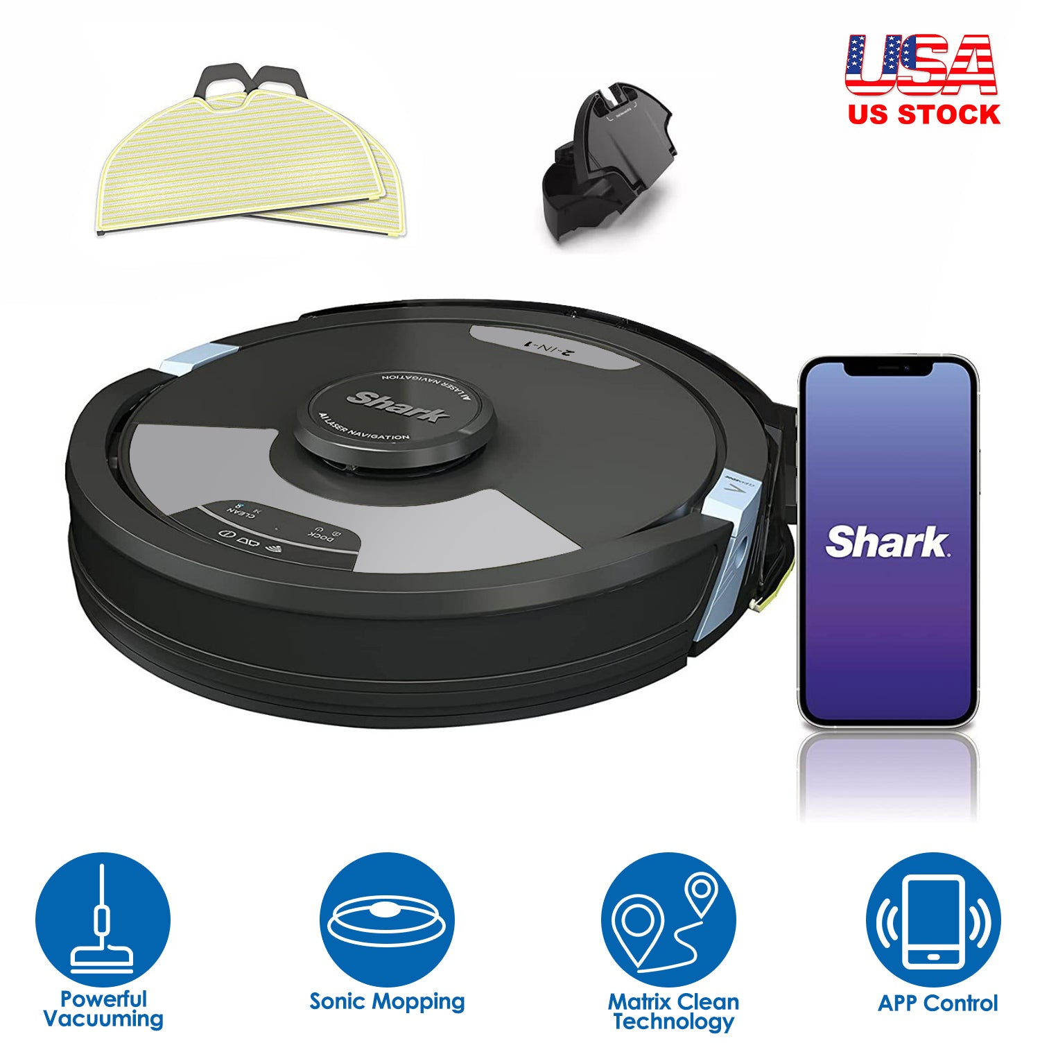 Shark RV2610WA 2-in-1 AI Robot Vacuum & Mop Matrix Robot Vacuum Cleaner with Sonic Mopping APP Control Black Refurbished