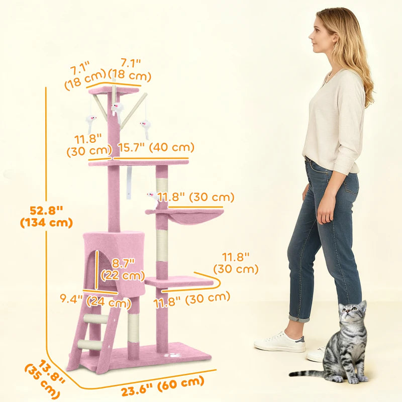 53" Cat Tree Tower, Kitten Activity Centre with Scratching Posts, Condo, Perches, Ladder, Hammock, Dangling Toys, Pink