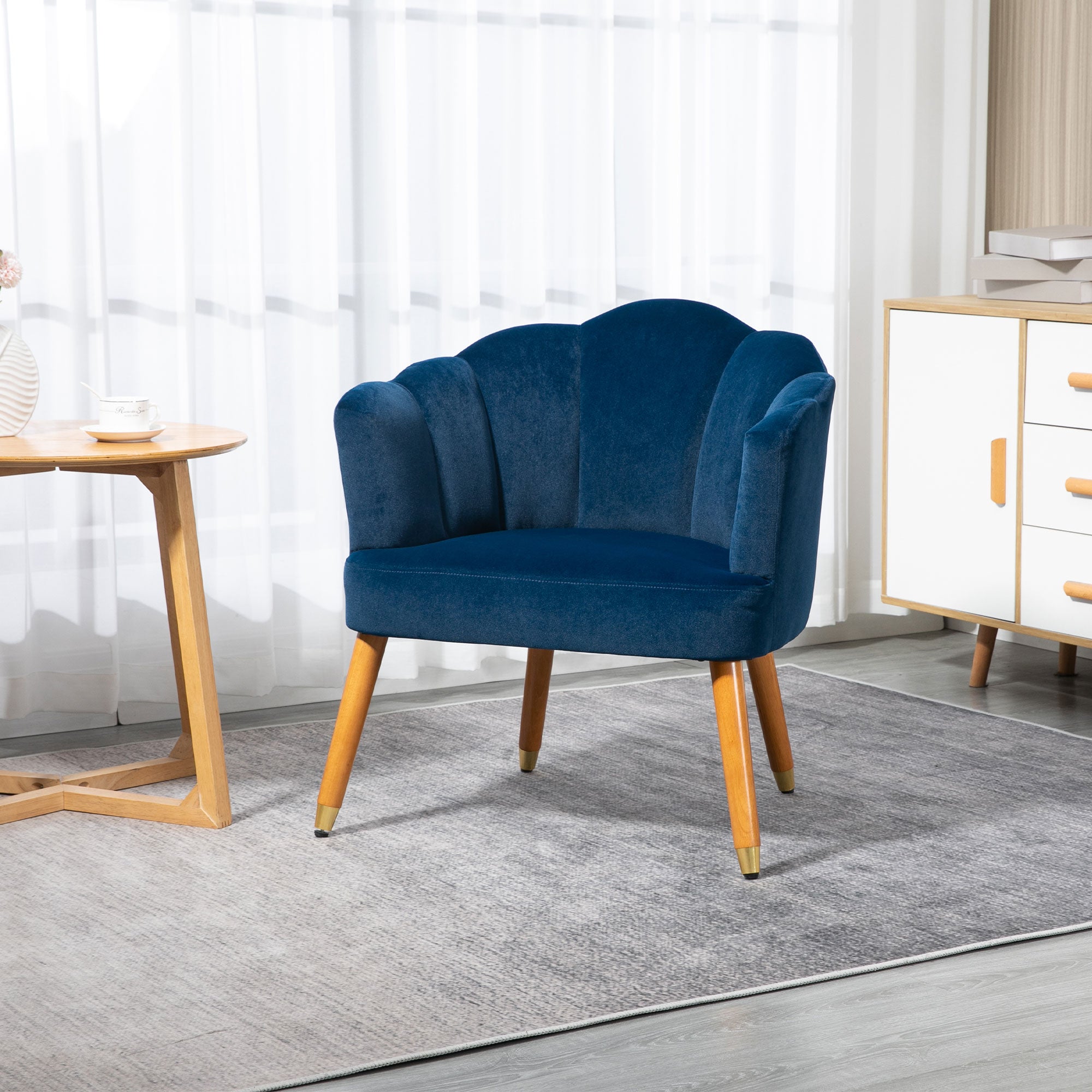 HOMCOM Modern Velvet Armchair: Cushioned Seat, Wood Legs, Bedroom/Living Room, Blue 