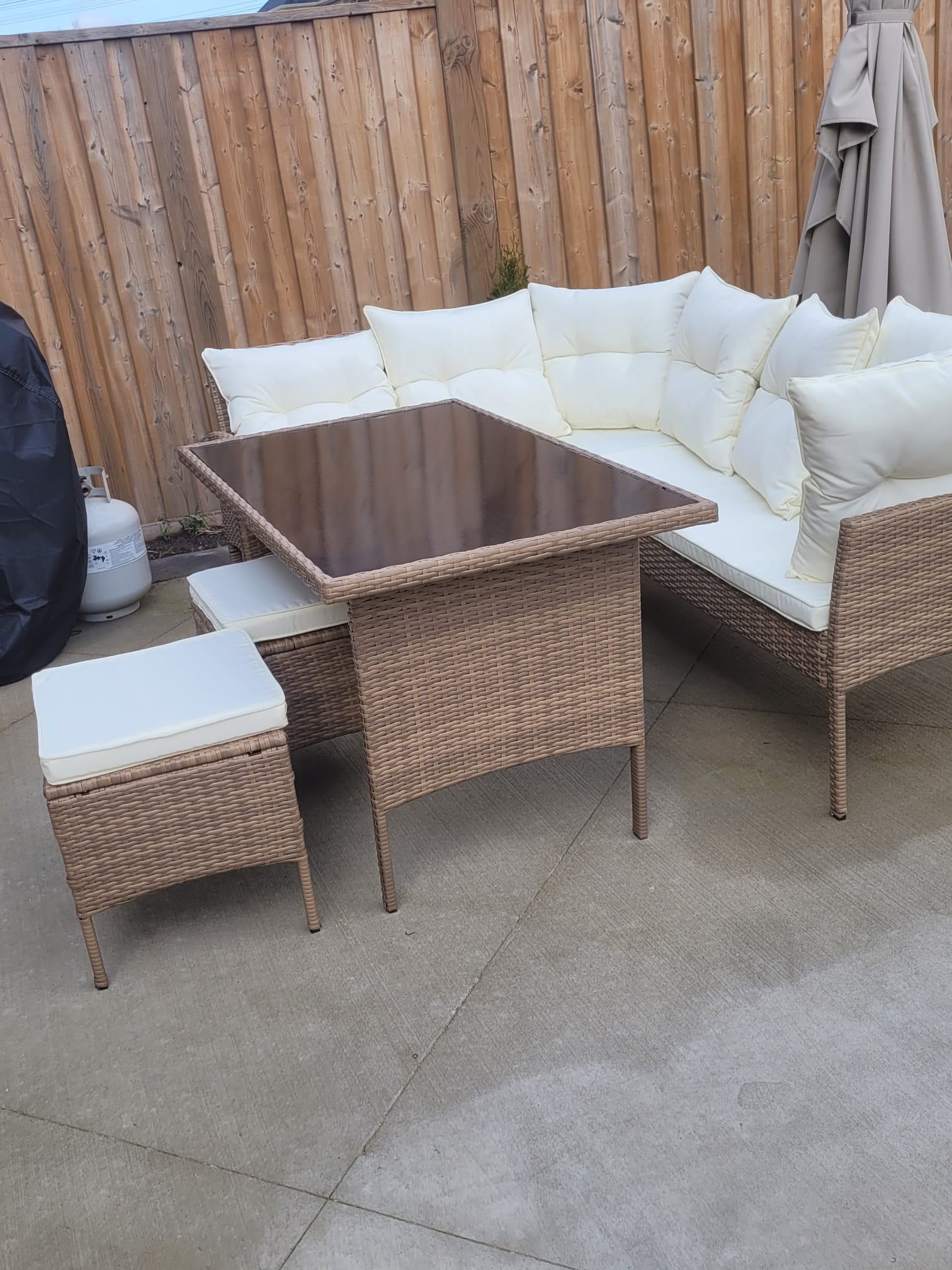 Garden Outdoor 7 pc Lounger Set Dark Brown Wicker with Beige Cushion 