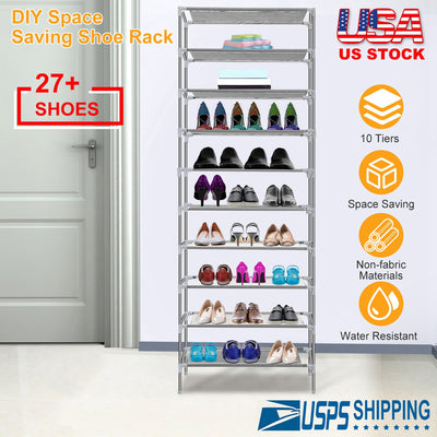 10 Tiers Shoes Rack Shelves 27 Pairs Shoes Storage Organizer Stand Non-Woven Fabric Detachable Shoes Tower Stackable Shoes Storage Rack for Entryway 