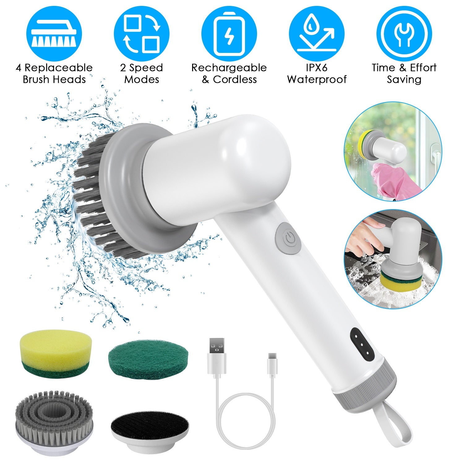 Electric Handheld Spin Scrubber Cordless Cleaning Brush with 2 Rotating Speeds 3 Cleaning Brushes Rechargeable Shower Scrubber for Kitchen Dish Bathtu