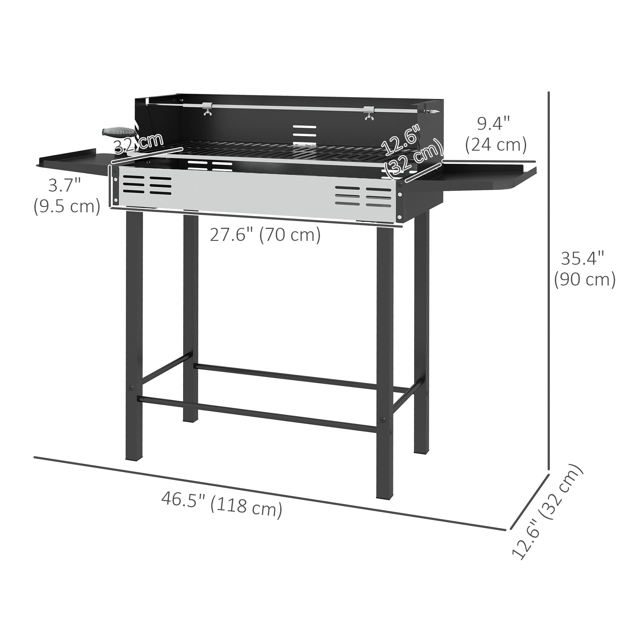 Outsunny BBQ Rotisserie Grill Charcoal, Split Roaster for Chicken Turkey, 3-Level Grill Grate, Storage Shelves, Stainless Steel 
