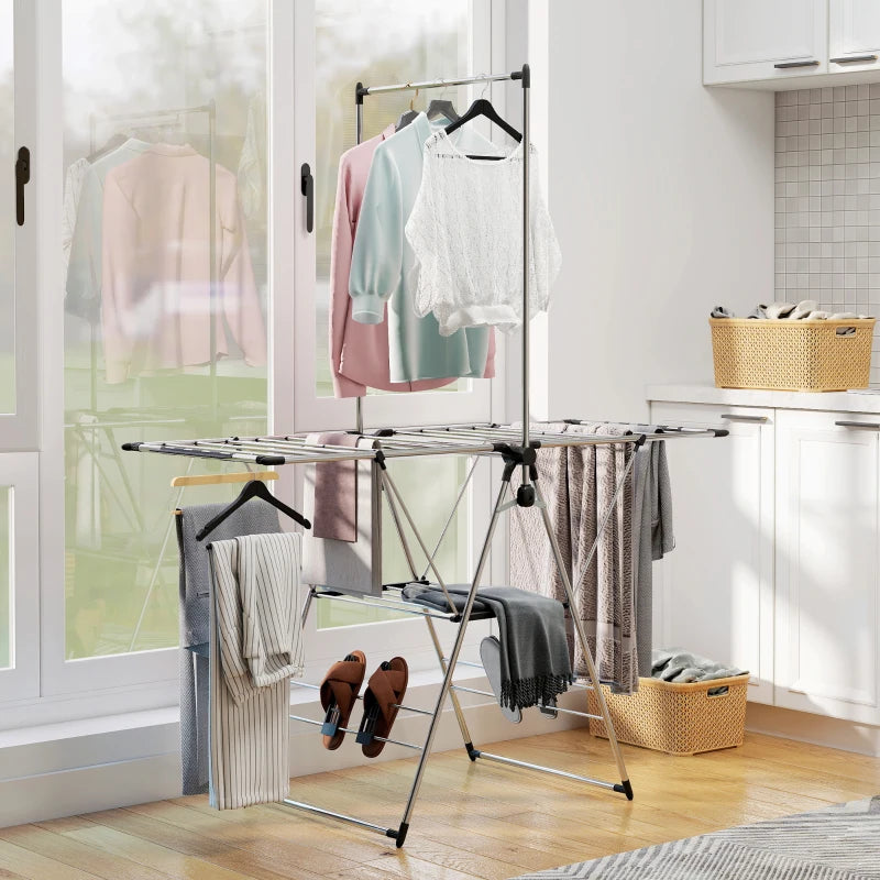 Clothes Drying Rack, Foldable Stainless Steel Laundry Drying Rack with Adjustable Gullwings and Shoe Holders, Silver