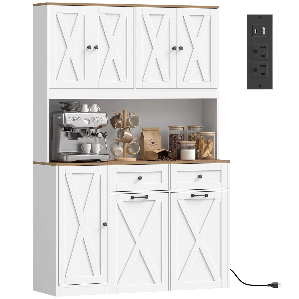 71" Farmhouse Pantry Cabinet with Double Pull-Out Trash Bins and Charging Station – White and Brown