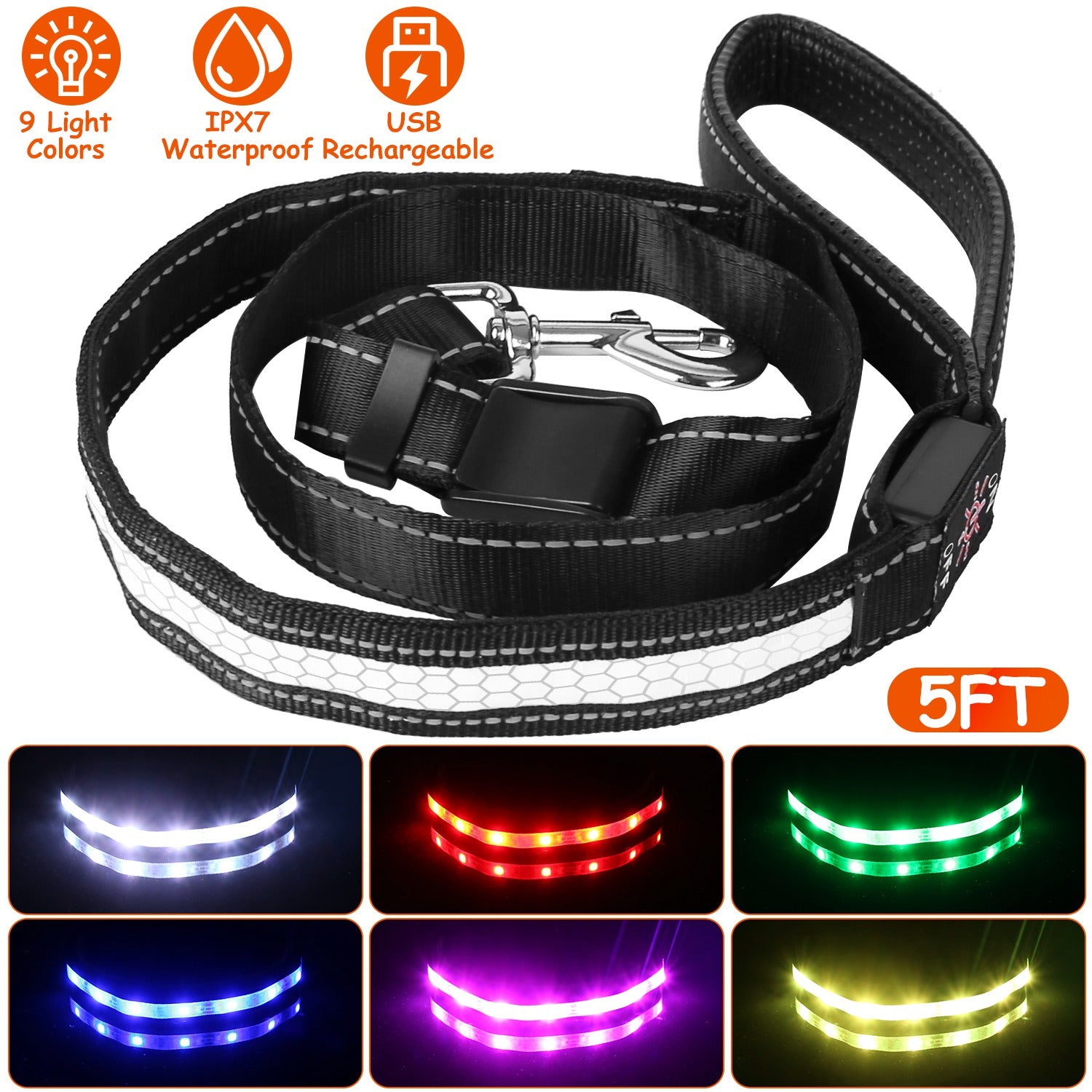 5FT Light Up Dog Leash LED Dog Leash Dog Walking Leash with 9 Light Colors IPX7 Waterproof USB Rechargeable