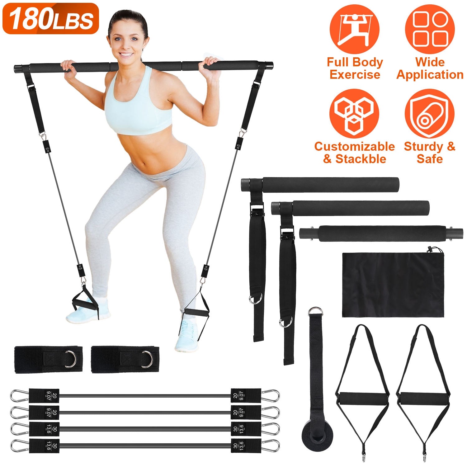 Pilates Bar Kit with 100LBS Resistance Bands Multifunctional Pilates Yoga Toning Bar Full Body Exercise Equipment Set for Beginners Intermediates Prof