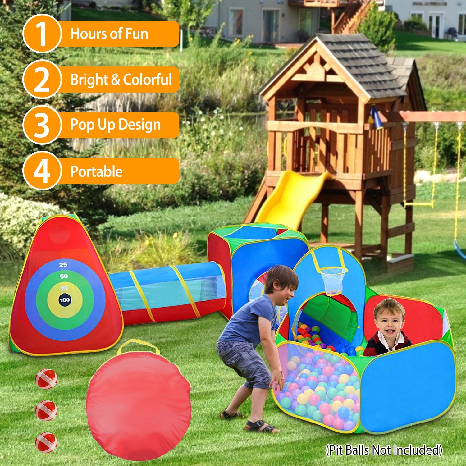 5Pcs Kids Ball Pit Tents Pop Up Playhouse w/ 2 Crawl Tunnel & 2 Tent For Boys Girls Toddlers Preschool Children Indoor Outdoor