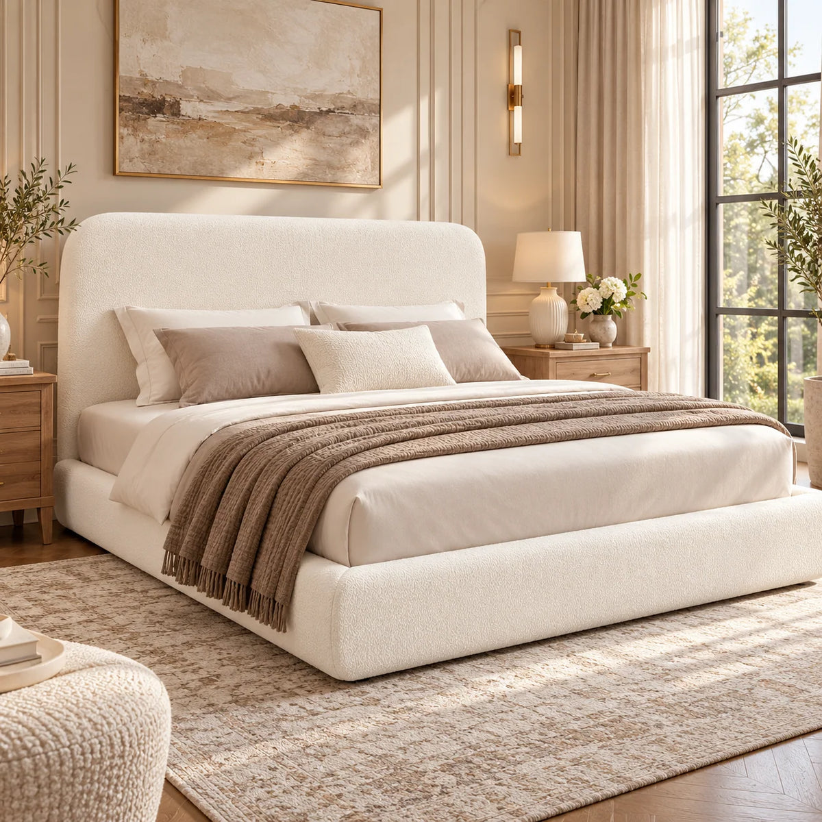 Upholstered Bouclé Platform Bed Frame with Curved Padded Headboard – Beige