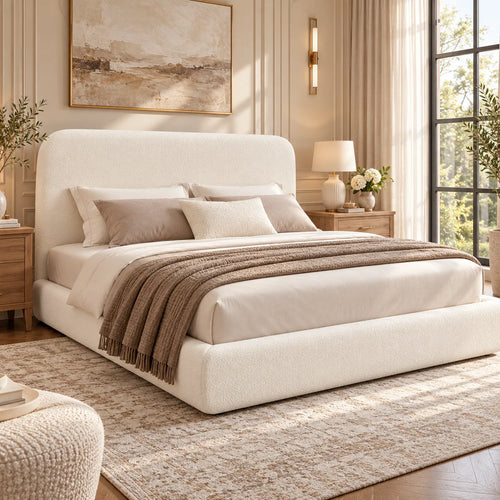 Upholstered Bouclé Platform Bed Frame with Curved Padded Headboard – Beige
