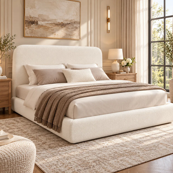 Upholstered Bouclé Platform Bed Frame with Curved Padded Headboard – Beige
