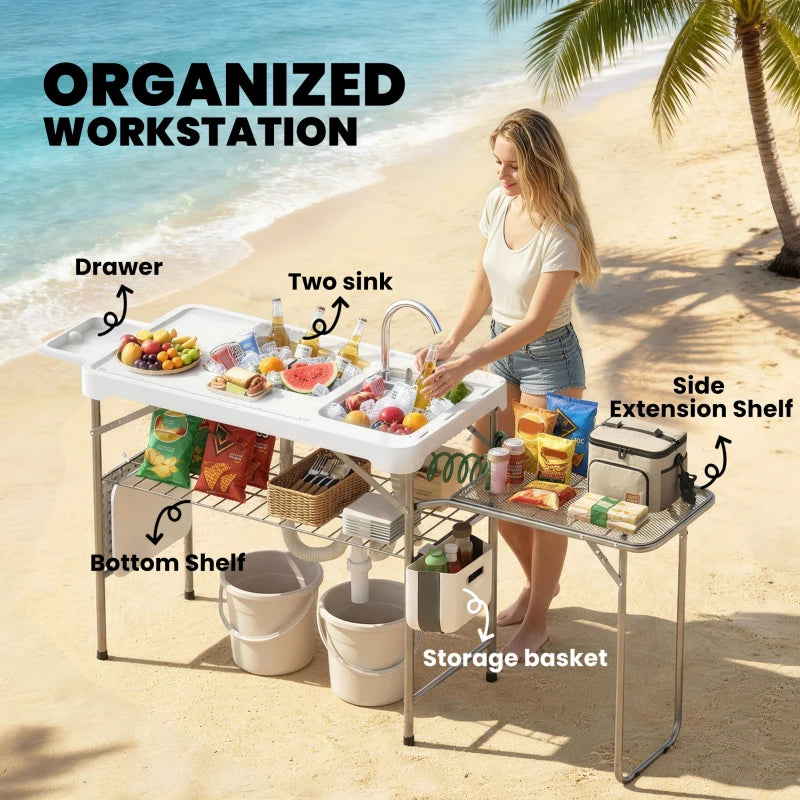 Fish Cleaning Table Folding Sink Portable Camping Sink with Side Shelf & Bottom Rack for Outdoor White