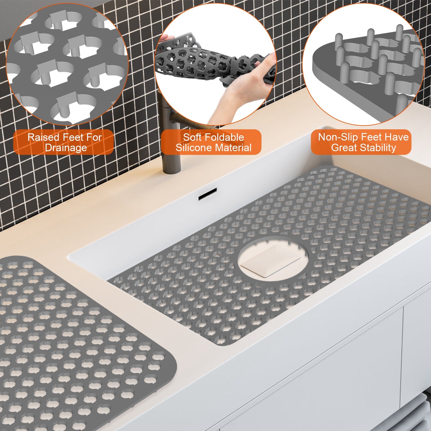 Silicone Grid Sink Mat with Central Drain Hole 12.87x24.68Inch Non-Slip Kitchen Stainless Steel Sink Protector Dishwasher Safe