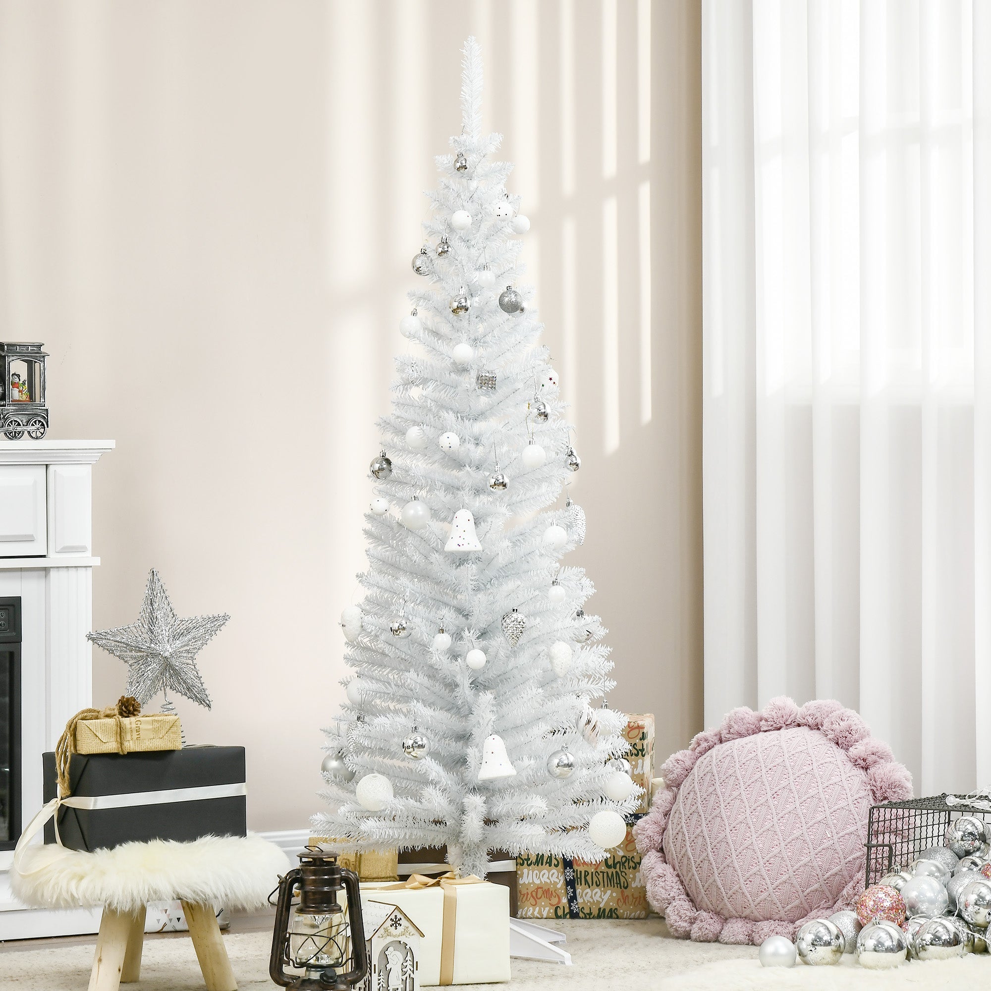 HOMCOM 5FT Artificial Christmas Tree, Pencil Christmas Tree with Realistic Branches, Stable Stand, White 
