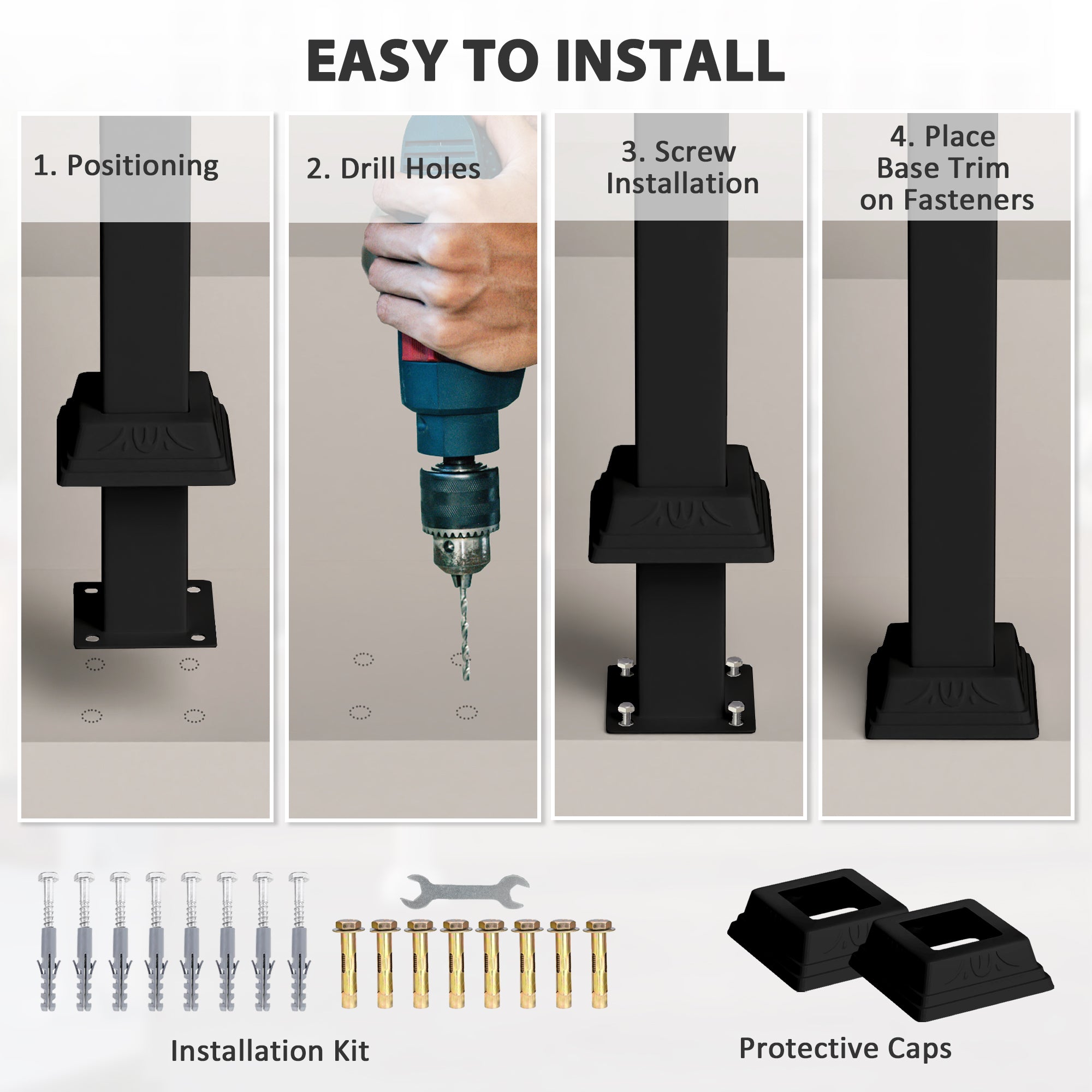 Outsunny 2-3 Step Handrails for Outdoor Steps, Metal Outdoor Stair Railing, Porch Deck Railing with Installation Kit, Black 